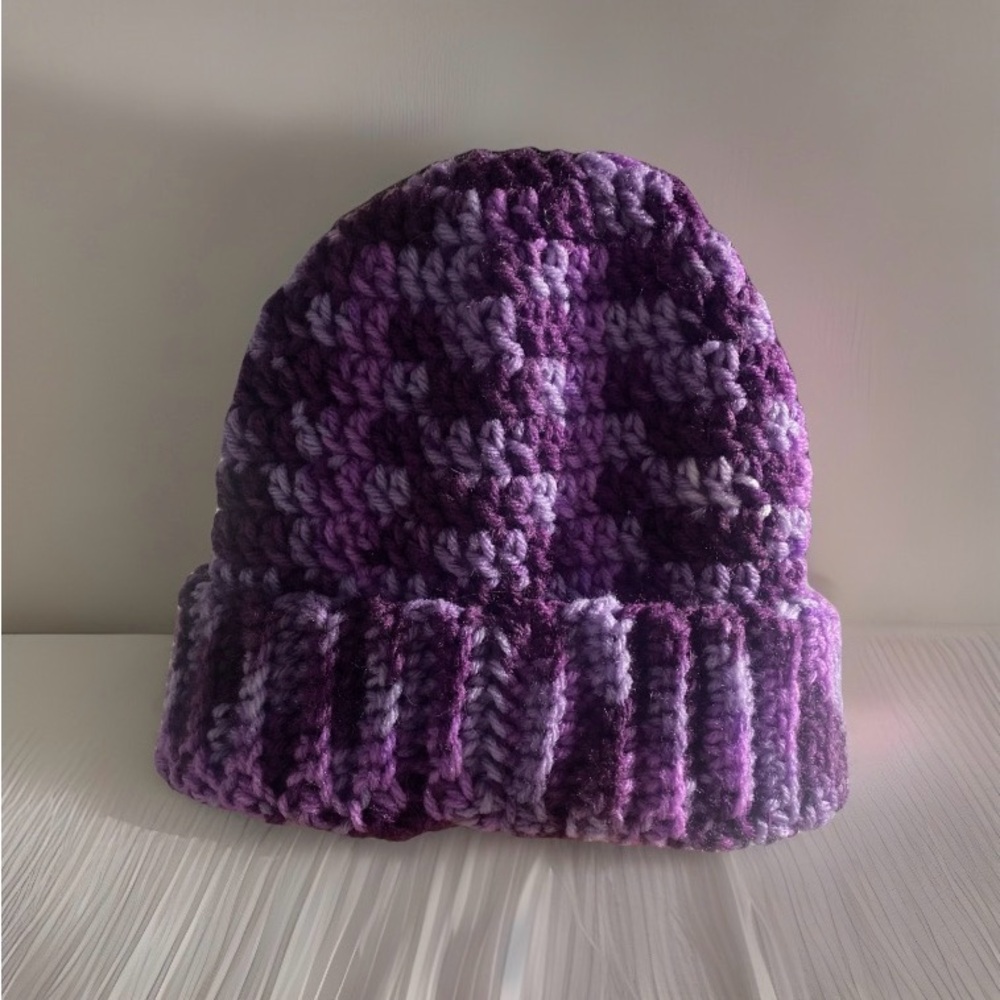 Red Heart Super Saver Purple Tones Crocheted SMALL ADULT Size Winter Beanie